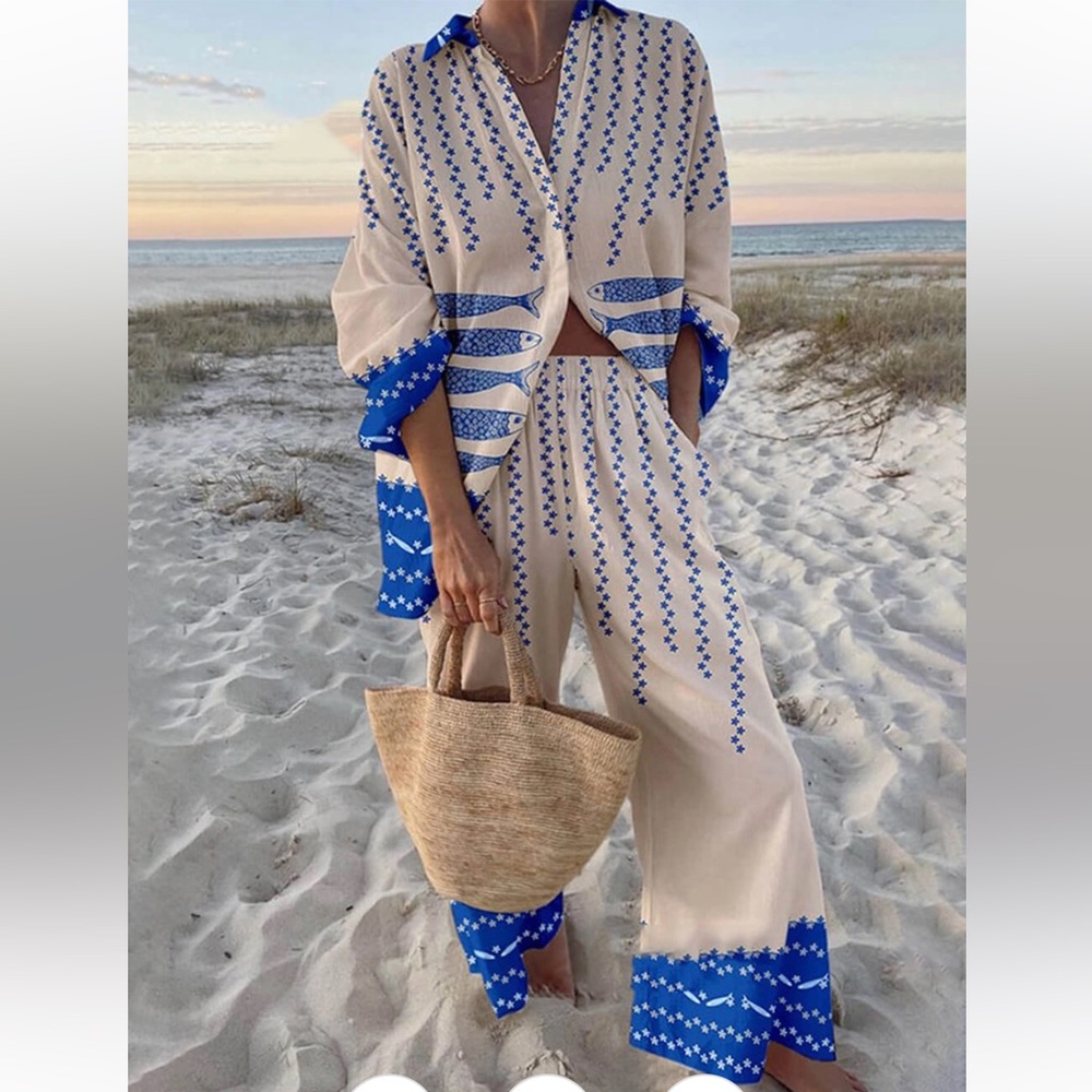 Blue and Cream Patterned Women's Jumpsuit
